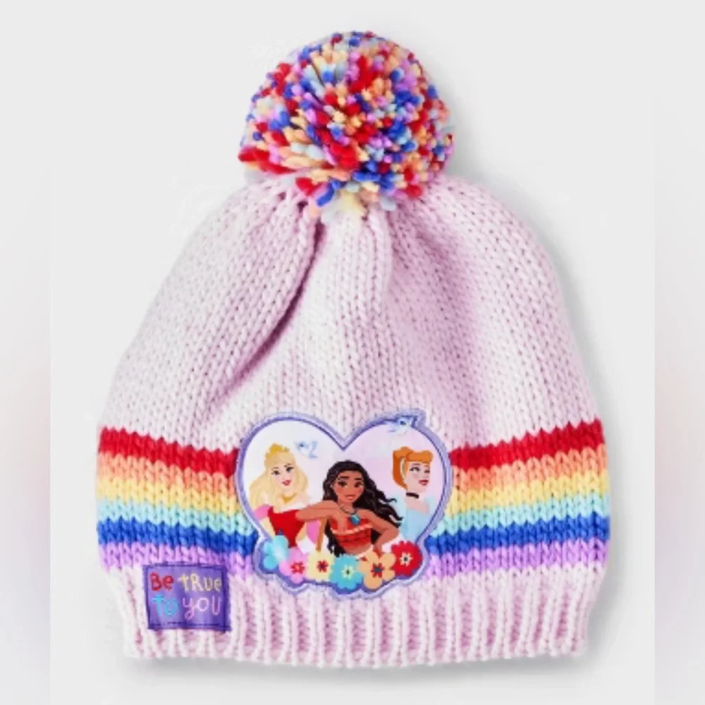 Disney Princess Pink Rainbow Knit Beanie Hat with Characters NWT